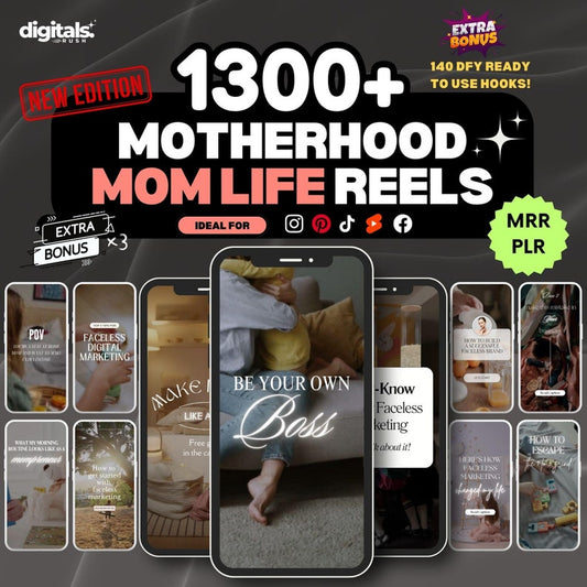 1300+ Motherhood Reels Faceless Reels Mom Life Done For You Hooks PLR MRR Digital Bundle Master Resell Rights DFY Canva Videos Templates