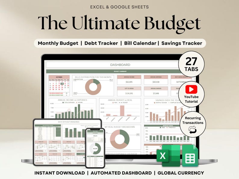 Hoja de cálculo de presupuesto anual definitivo Plantilla de presupuesto de Google Sheets de Excel Seguimiento de presupuesto mensual Planificador financiero Seguimiento de facturas Seguimiento de deuda