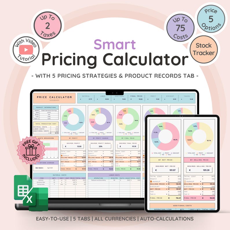 Calculadora de precios y ganancias para pequeñas empresas con 5 estrategias de precios y hasta 2 impuestos | Guía de precios | Plantilla de hoja de cálculo de lista de precios